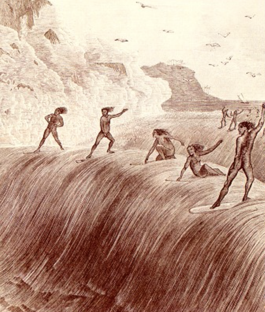 1870 artist rendering of Hawaiian surfers